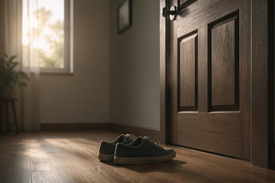 A pair of shoes hesitating before a closed wooden door, soft focus, morning light, emotional.