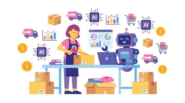 Industry Scene of Automated Warehouse Fulfillment with Robot Assistance and Packaged Goods.