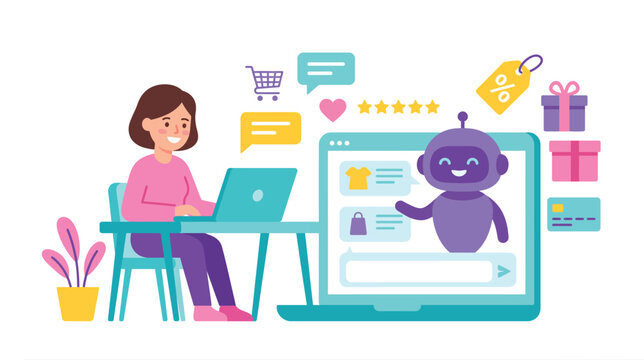 Woman at desk learning online with a friendly purple video tutor on screen.