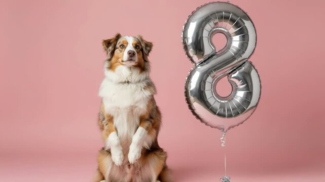 Australian shepherd dog sitting with a silver number 8 balloon