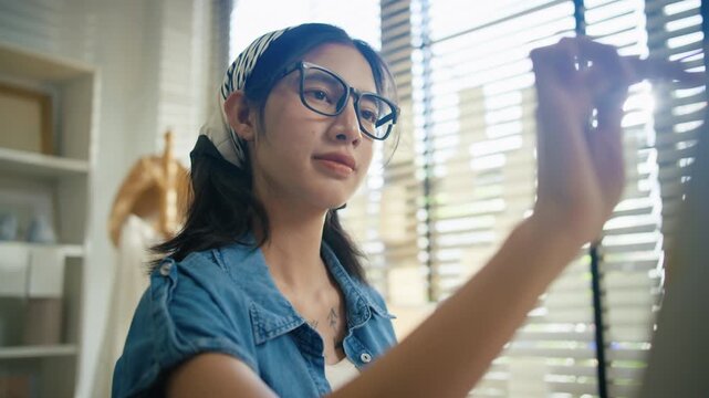 Young Asian woman artist painting on canvas easel with paintbrush in art studio, representing creative professional women designer, fine arts student lifestyle and freelance illustrator
