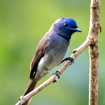 Beautiful small songbird with blue head close up, cute wild passerine bird in natural habitat photography