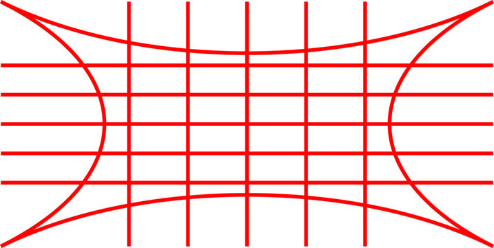 Abstract red grid line illustration with curved warp distortion creating geometric net and concave shape artwork