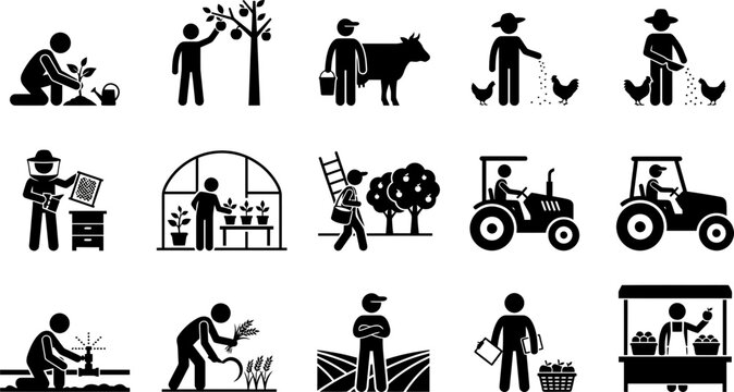 Set of farming and agriculture icon illustrations featuring farmers and equipment.