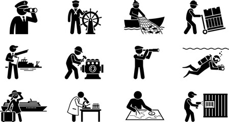 Obraz premium Set of maritime and logistics industry worker icons in stick figure style.