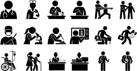 Obraz premium Set of black and white medical and healthcare professional icons.