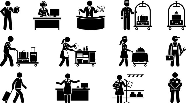 Hotel staff professional services icons collection.