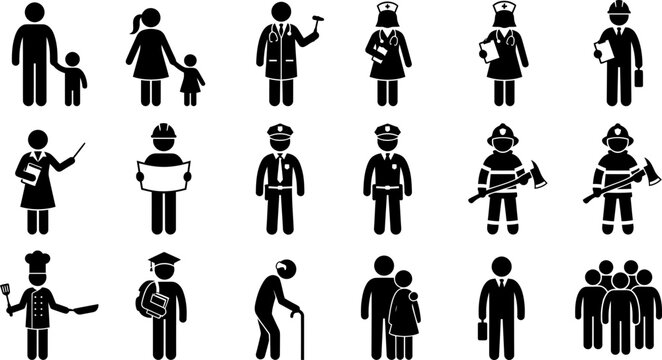 Collection of various professional and social character icons in silhouette style.