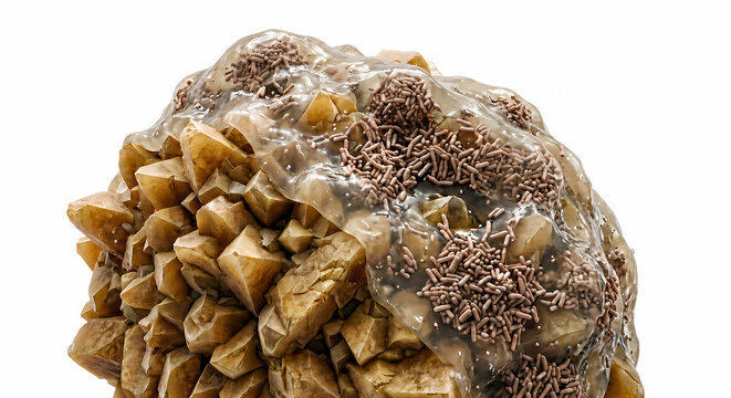 Medical illustration of bacterial biofilm and rod-shaped bacteria colonizing a kidney stone