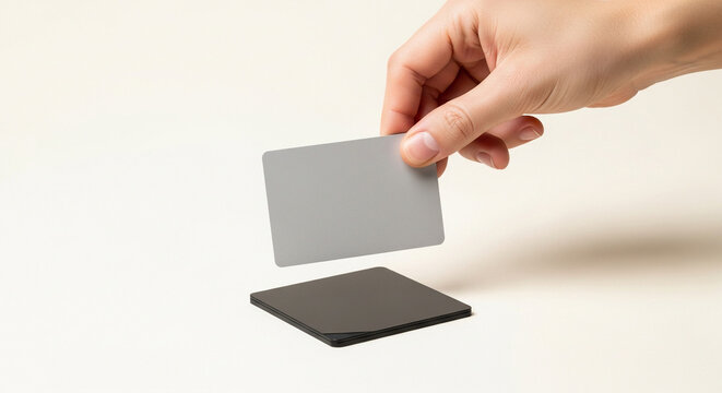Hand holding a grey card over a black square reader for contactless payment
