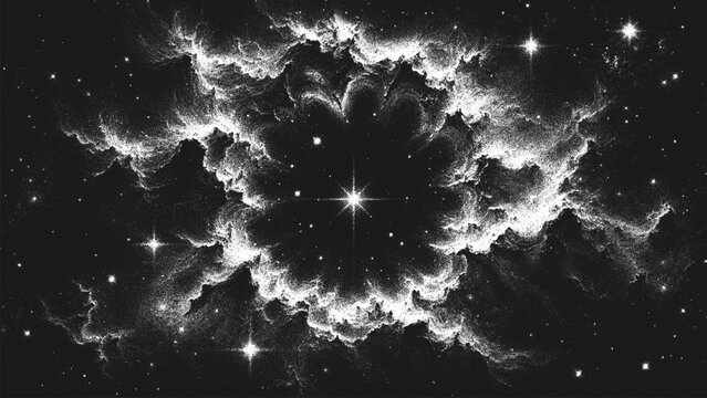 Cosmic supernova explosion releasing stellar shell into deep space illuminating universe with expanding nebula. Black and white stippling illustration created from countless individual dots. Vector