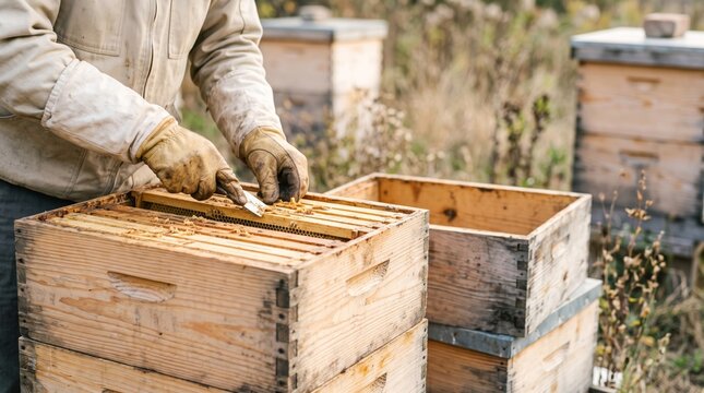 Beekeeper inspecting wooden hive frames with tool in apiary