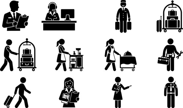 Set of hotel staff and service icons in flat style.