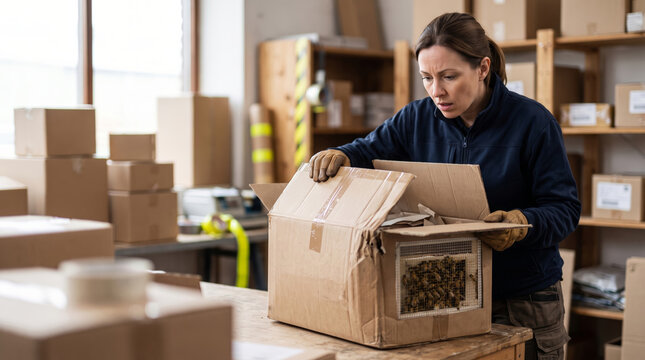 Logistics worker examining damaged package containing live honeybees