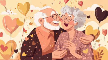 Fototapeta premium A cheerful illustration of an elderly couple embracing, surrounded by colorful heart-shaped balloons and confetti, symbolizing long-lasting love and happiness.