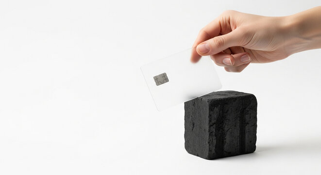 Hand holding a translucent payment card over a black cube against a white background