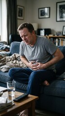 Fototapeta premium Man suffering from stomach ache holding his abdomen while sitting on a sofa at home