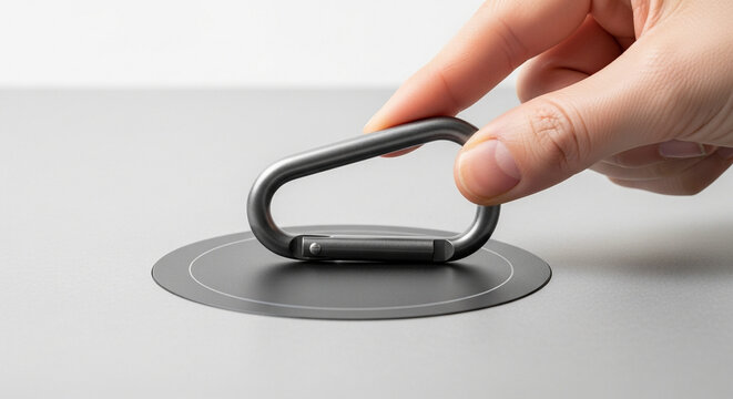 Matte finish aluminum carabiner being held by a hand over a circular base