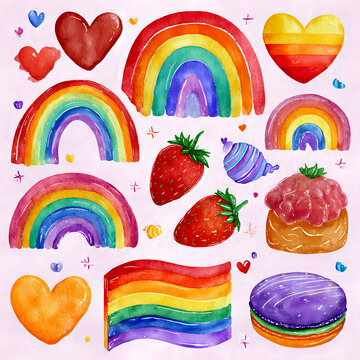 Joyful watercolor collection celebrating love, diversity, and inclusivity with vibrant rainbow symbols and delightful sweet treats