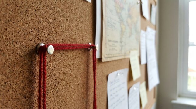 Cork bulletin board with red string with holding up various notes map attached silver thumbtacks communication organization