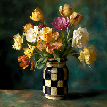 Vibrant and colorful assorted tulips elegantly arranged in a unique black and white checkered vase, presented as a classic painterly still life composition