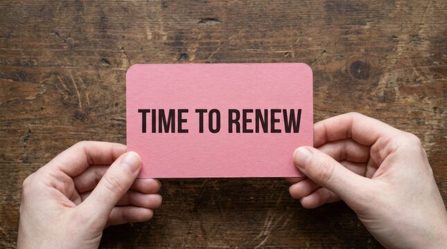 Hands holding pink note with time to renew text on wooden table background with wooden surface human hands pink card subscription