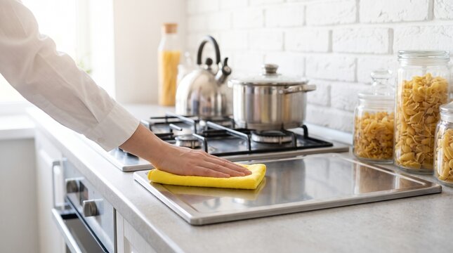 Close up of a person hand using a yellow microfiber cloth to wipe and clean a metallic kitchen surface for a spotless home
