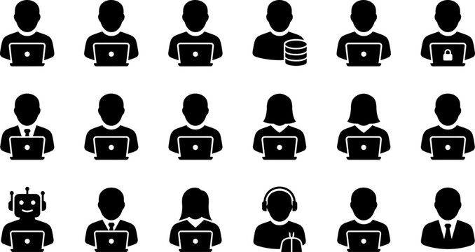 Set of diverse professional user and computer operator icons.