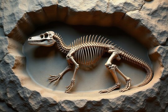 Intact plesiosaur skeleton embedded in stone matrix, scientific discovery, plesiosaur fossil