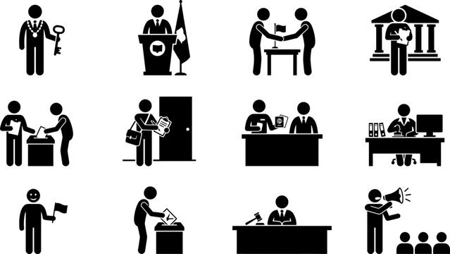 Set of government and political authority icons representing leadership and public service.