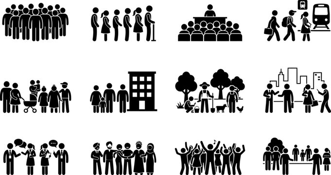 Collection of various black and white human activity pictograms.