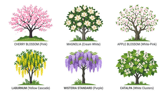 Set of six beautiful flowering trees in spring bloom with identified names.