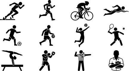 Fototapeta premium Set of black stick figure icons depicting various sports activities and athletes.