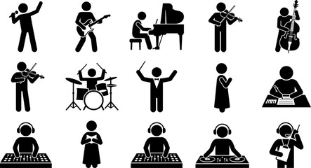 Set of black and white music icons showing musicians and performers. © punokawan