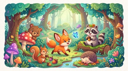 Naklejka premium Cute Woodland Animal Scene Featuring Forest Friends at Play