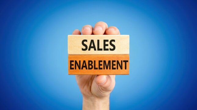 Hand holding wooden blocks with sales enablement text against blue background with enablement printed them blocks words enterprise