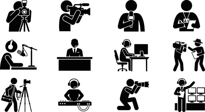 Set of black and white stick figure icons representing media broadcasting and journalism professions.