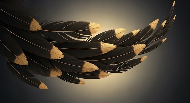 Elegant black feathers with gold tips. Abstract bird plumage background on dark surface.