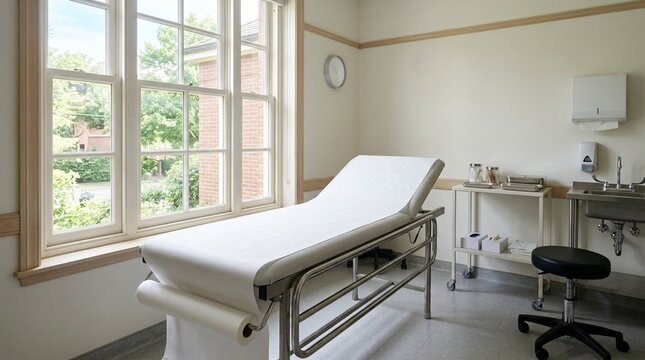Examination room with a fresh paper-covered table stretching toward a sunlit window.