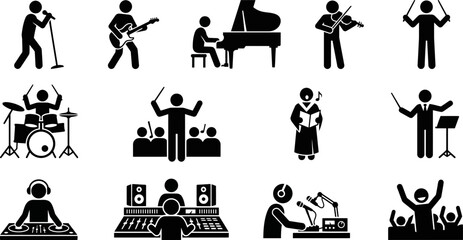 Set of stick figure music and performing arts icons. © barry
