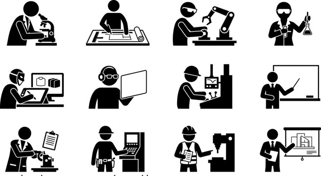 Set of professional workers and technical experts performing various tasks.