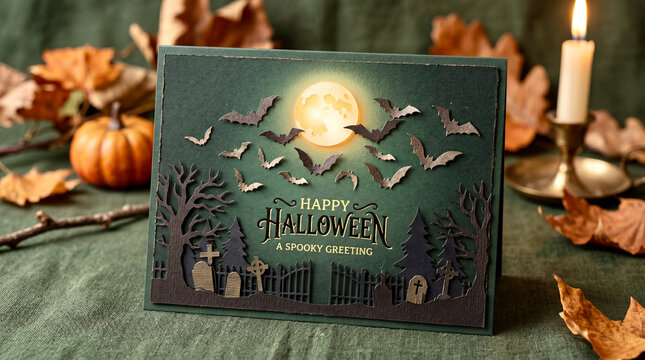 Handmade Halloween greeting card with paper cut spooky cemetery, bats flying under full moon, autumn leaves and candle background