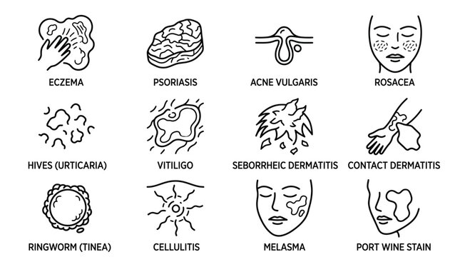 Set of medical line icons depicting various skin conditions and dermatological diseases.
