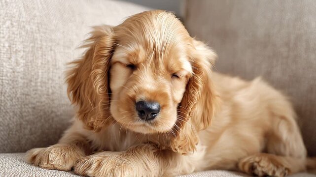 ソファでくつろぎリラックスしながらうとうとする眠いアメリカンコッカースパニエルの子犬