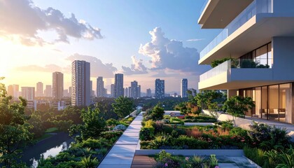 Obraz premium Modern rooftop terrace garden with a view of city skyline.