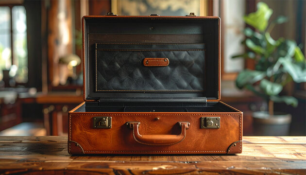 Empty classic leather attach&eacute; case on rustic wooden table with copy space for product display
