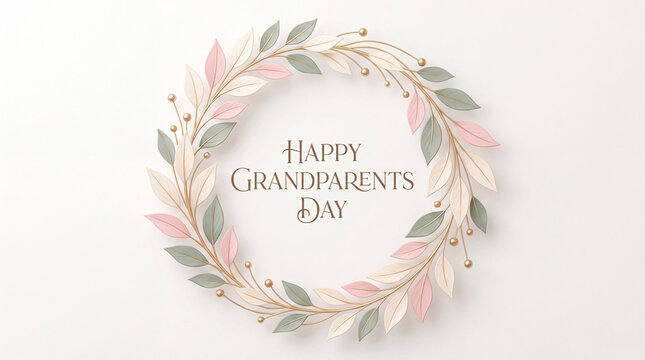 A beautiful, elegant floral wreath illustration with soft pastel leaves and gold accents, featuring the text Happy Grandparents Day on a clean white background.