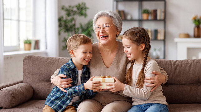 A joyful senior woman laughing as she receives a gift from her young grandson and granddaughter while sitting together on a comfortable sofa at home.