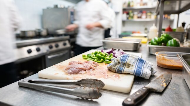 Raw chicken and chopped vegetables on dirty restaurant cutting board