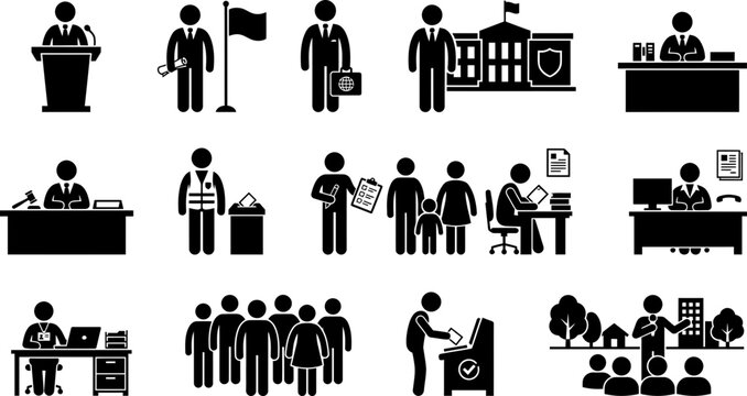 Set of black silhouette government and public administration icons.